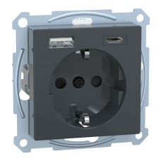 Контакт Шуко + USB зарядно тип A+C 3A TPb, антрацит, гланц, System M, Schneider Electric MEG2367-0414