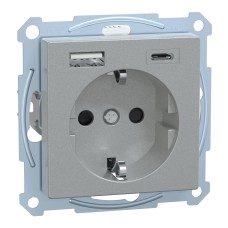 Контакт Шуко + USB зарядно тип A+C 3A TPb, алуминий, гланц, System M, Schneider Electric MEG2367-0460