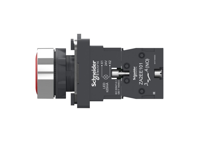 Цялостен светещ бутон, Easy Harmony XA2, пластмасова глава, 22 mm, червен, 1NO, AC/DC 24V, пружинно връщане, Schneider Electric XA2AW34B1