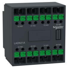 Спомагателен контактен блок, TeSys Deca, 3NO + 1NC, монтаж отпред, snap-in клеми, Schneider Electric LADN31A
