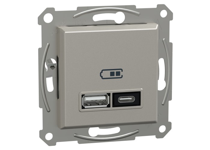 Двойно USB зарядно устройство, Asfora, тип A+C, 21W, механизъм с фиксираща рамка, бронз, Schneider Electric EPH2700569
