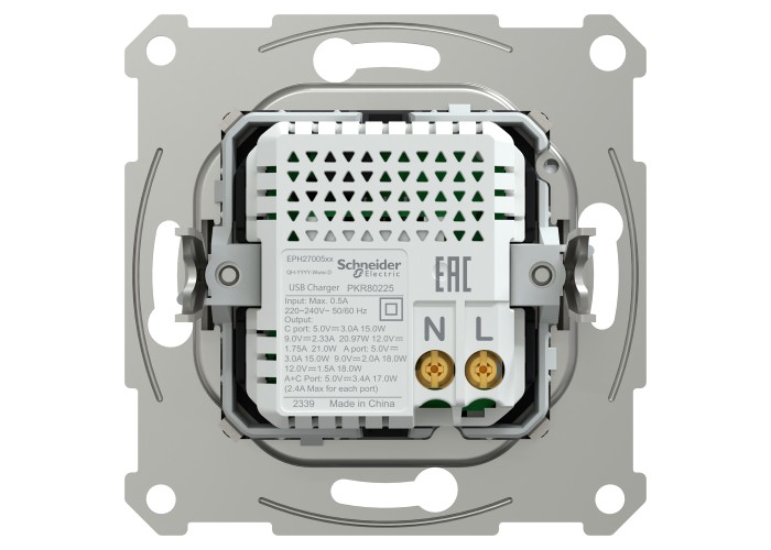 Двойно USB зарядно устройство, Asfora, тип A+C, 21W, механизъм с фиксираща рамка, бронз, Schneider Electric EPH2700569
