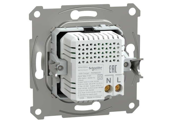 Двойно USB зарядно устройство, Asfora, тип A+C, 21W, механизъм с фиксираща рамка, бронз, Schneider Electric EPH2700569