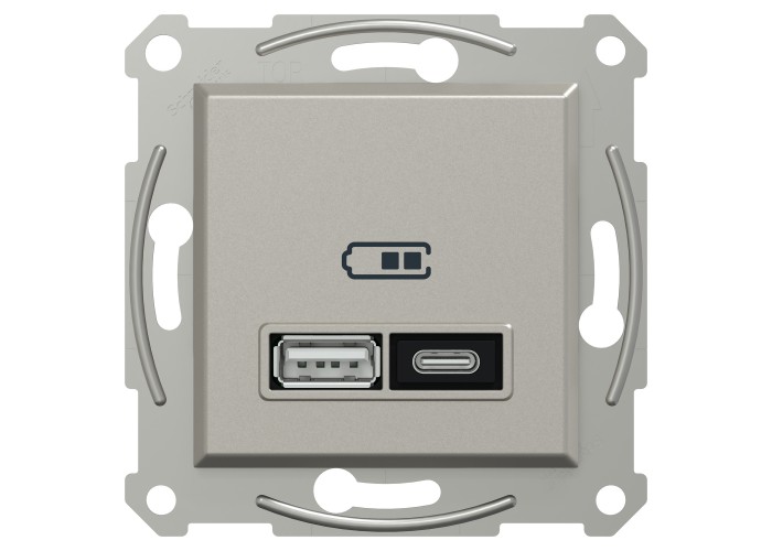 Двойно USB зарядно устройство, Asfora, тип A+C, 21W, механизъм с фиксираща рамка, бронз, Schneider Electric EPH2700569