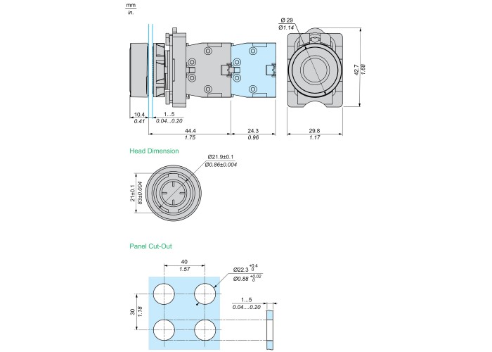 Цялостен бутон, Easy Harmony XA2, пластмасова глава, 22 mm, червен, 1NC, пружинно връщане, немаркиран, Schneider Electric XA2AA42