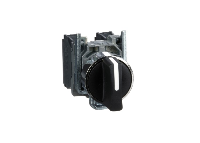 Schneider Electric XB4BD53 - Harmony XB4 - Селекторен превключвател с къса черна ръкохватка, метален, черен, 22мм, 3 позиции, пружинно връщане, 2NO