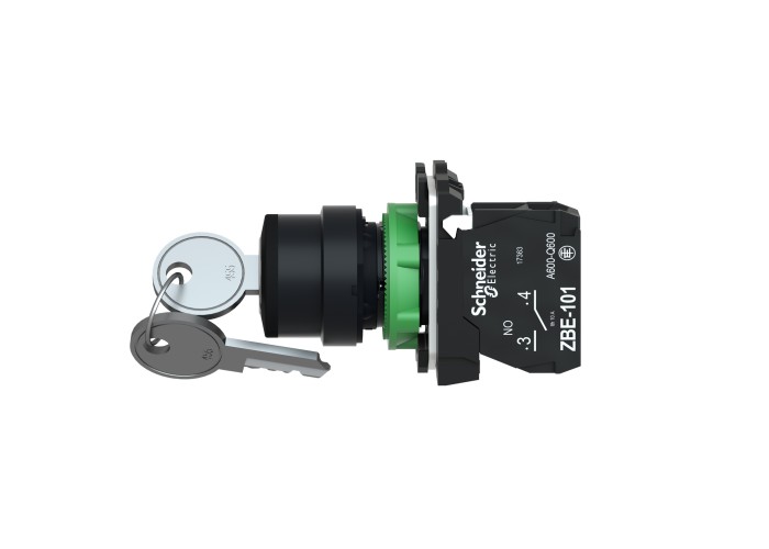 Schneider Electric XB5AG21 - Harmony XB5 - Селекторен превключвател с ключ 455, пластмаса, черен, 22мм, 2 позиции, със задържане, 1 NO