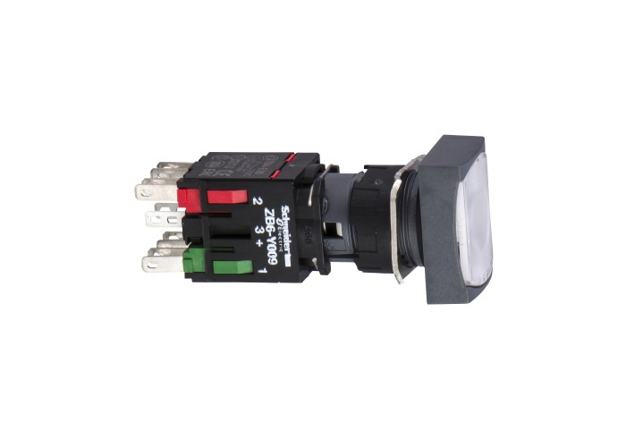 Светещ бутон, бял, правоъгълна глава, 16mm, пружинно връщане, 1NO, LED 12...24V AC/DC, Harmony XB6, Schneider Electric XB6DW1B1B