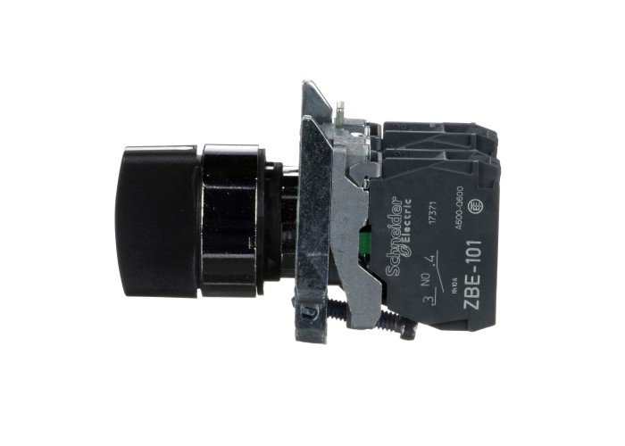 Schneider Electric XB4BD53 - Harmony XB4 - Селекторен превключвател с къса черна ръкохватка, метален, черен, 22мм, 3 позиции, пружинно връщане, 2NO