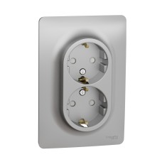 Двоен контакт, шуко, 2P+E 16A, алуминий, New Unica, Schneider Electric NU206730