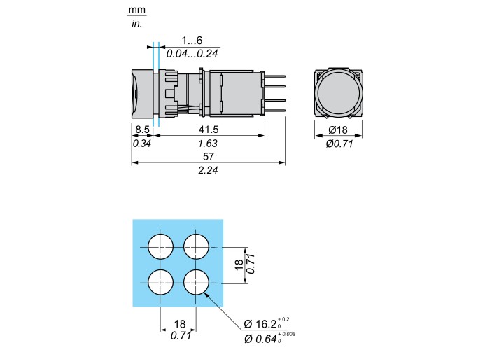 Светещ бутон бял, LED, 16mm, пружинно връщане, 1NO + 1NC, 12...24V AC/DC, Harmony XB6 Schneider Electric XB6AW1B5B