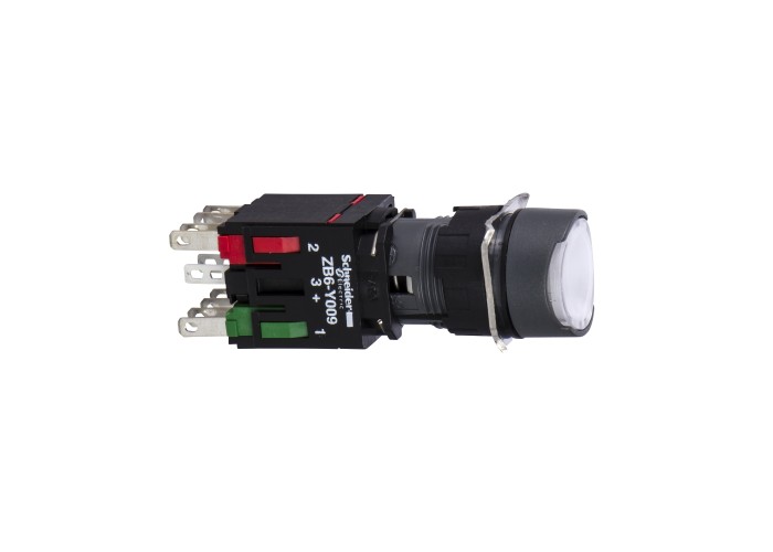 Светещ бутон бял, LED, 16mm, пружинно връщане, 1NO + 1NC, 12...24V AC/DC, Harmony XB6 Schneider Electric XB6AW1B5B