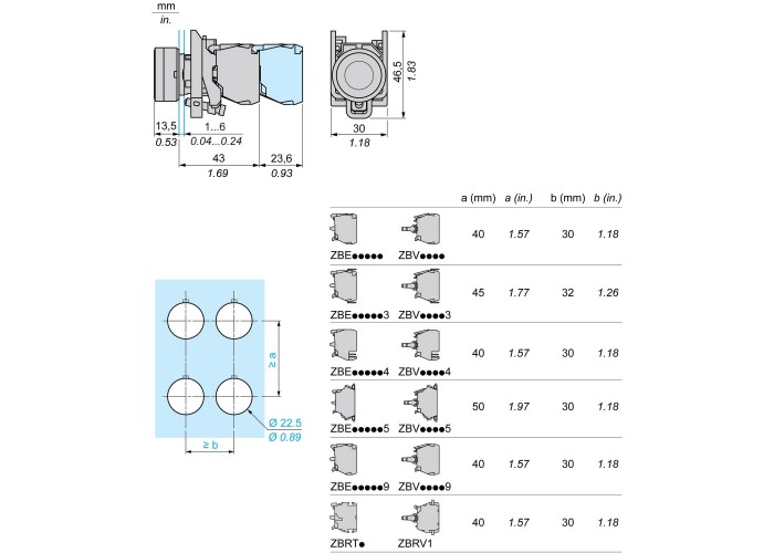 Светещ бутон, метален, равен, син, 22 мм, пружинно връщане, 1 NO + 1 NC 24 V AC/DC, Schneider Electric XB4BW36B5 Harmony XB4