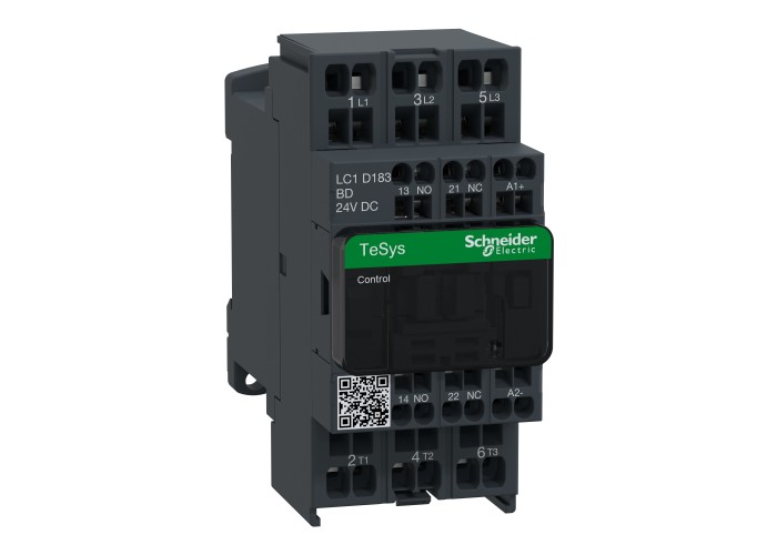 Контактор, 3P(3 NO), AC-3/AC-3e, 0 to 440V, 18A, 24VDC бобина, пружинни клеми, TeSys D, Schneider Electric LC1D183BD
