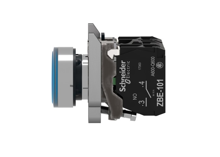 Светещ бутон, метален, равен, син, 22 мм, пружинно връщане, 1 NO + 1 NC 24 V AC/DC, Schneider Electric XB4BW36B5 Harmony XB4