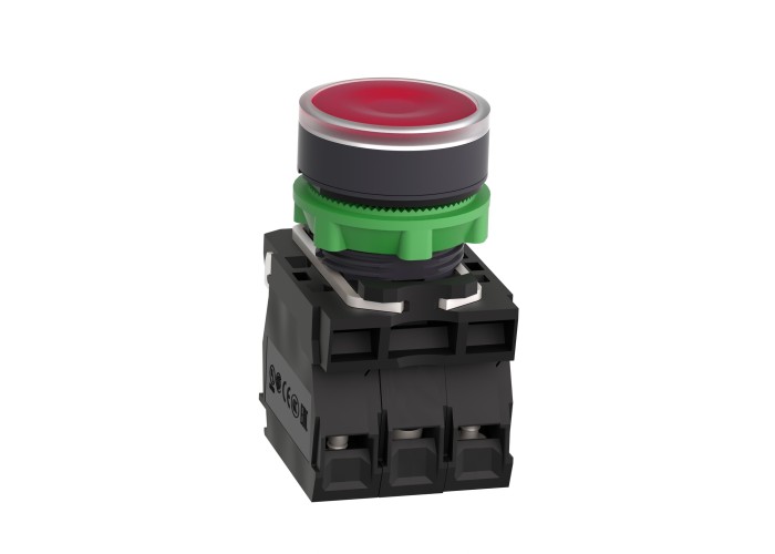 Светещ бутон, пластмаса, равен, червен, 22 мм, пружинно връщане, 24 V AC/DC, 1 NO + 1 NC, Schneider Electric XB5AW34B5 Harmony XB5