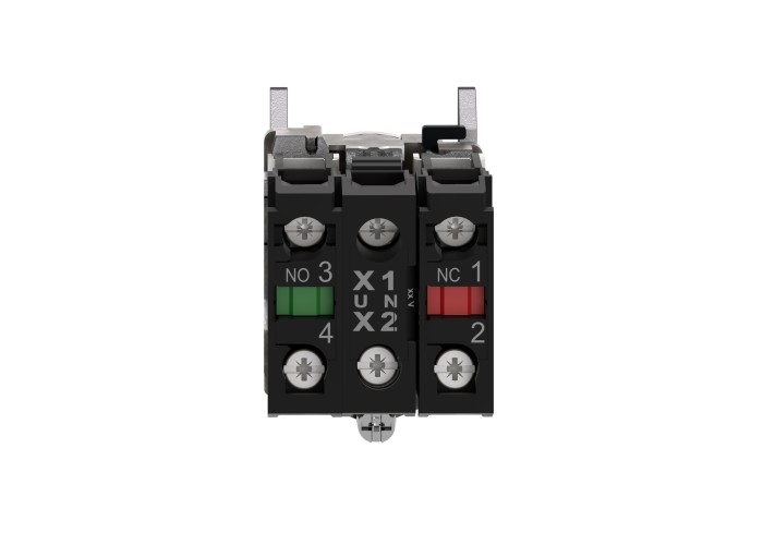 Светещ бутон, метален, равен, червен, 22 мм, пружинно връщане, 230...240 V AC, 1 NO + 1 NC, Schneider Electric XB4BW34M5 Harmony XB4