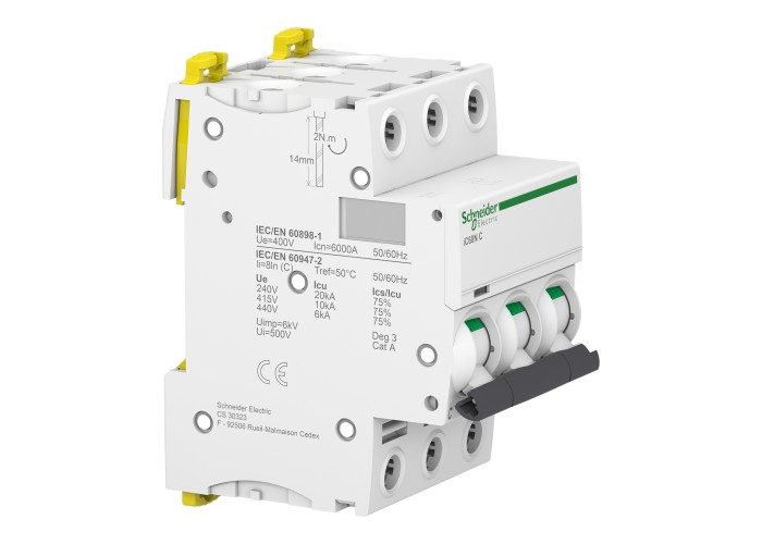 Schneider Electric A9F74320 - Acti 9 iC60 N (10 kA) - Миниатюрен автоматичен прекъсвач iC60N- 3P - 20A - крива C
