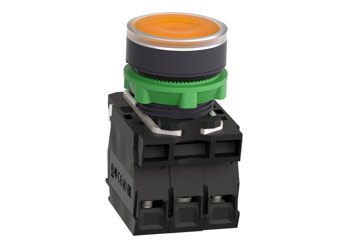 Светещ бутон, пластмаса, оранжев, 22 мм, пружинно връщане, LED 24 V AC/DC, 1 NO + 1 NC, Harmony XB5, Schneider Electric XB5AW35B5