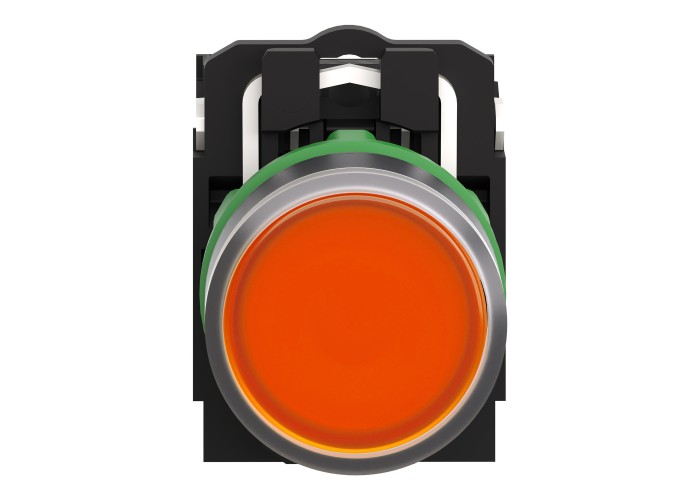 Светещ бутон, пластмаса, оранжев, 22 мм, пружинно връщане, LED 24 V AC/DC, 1 NO + 1 NC, Harmony XB5, Schneider Electric XB5AW35B5