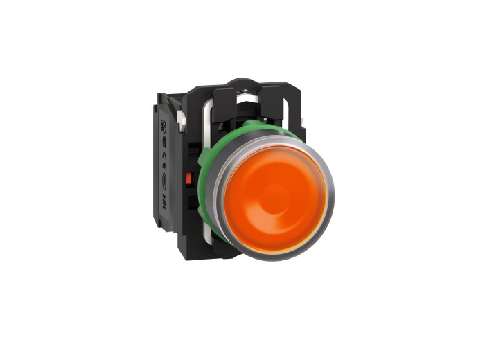 Светещ бутон, пластмаса, оранжев, 22 мм, пружинно връщане, LED 24 V AC/DC, 1 NO + 1 NC, Harmony XB5, Schneider Electric XB5AW35B5