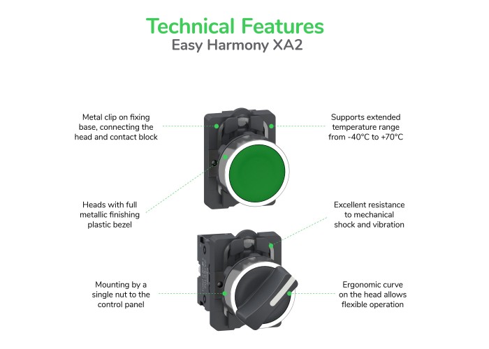 Schneider Electric XA2EA21 - Easy Harmony XA2 - Easy Harmony XA2E, бутон, пластмаса, вграден, черен, Ø22, с пружинно връщане, без маркировка, 1 NO