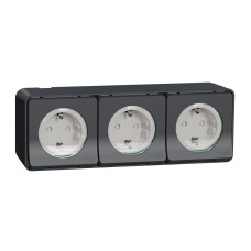 Троен Контактен шуко, 2P + Eс капак, 16A, 250V, открит монтаж, сив, Mureva Styl, Schneider Electric MUR86038