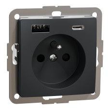 Контакт френски стандарт + 2x USB тип A и тип C, 2P + E, USB A+C, 3A, антрацит, Schneider Electric SDD114072 Sedna Design & Elements